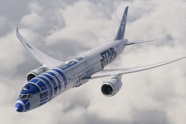 R2-D2 seen on the livery of one of ANA's three Star Wars–themed aircraft.