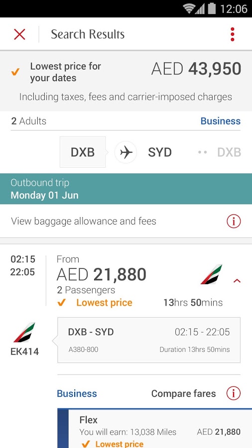 Users can book flights on the Emirates app for Android. 