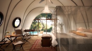 Inside one of the Cocoon suites at Wild Coast Tented Lodge in Sri Lanka.