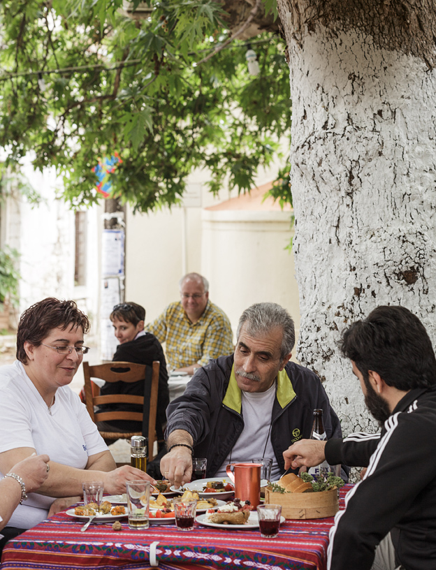 Sharing a lunch under the shade of a plane tree at Platanos, a
traditional taverna in the village of Fourni.