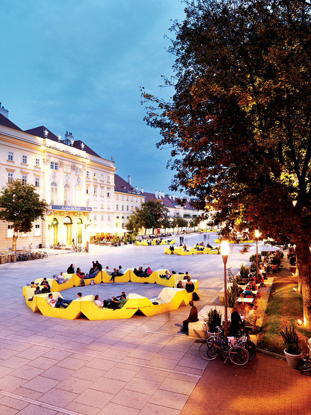 Twilight in the courtyard of Vienna's MuseumsQuartier.